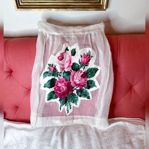 Vintage organza waist apron with floral appliqués and sash